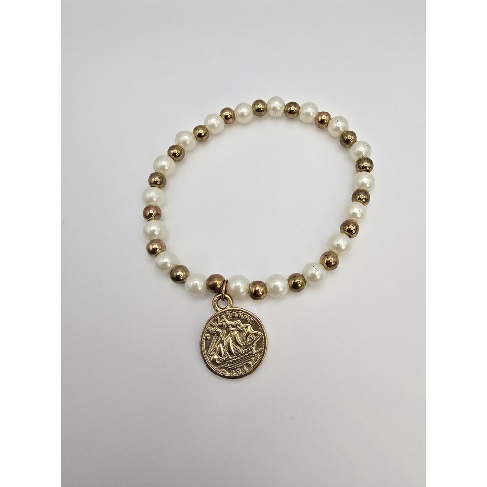Ancient Greek Faux Gold Coin Charm Bracelet White & Gold Tone Stretchy FREE $HIP